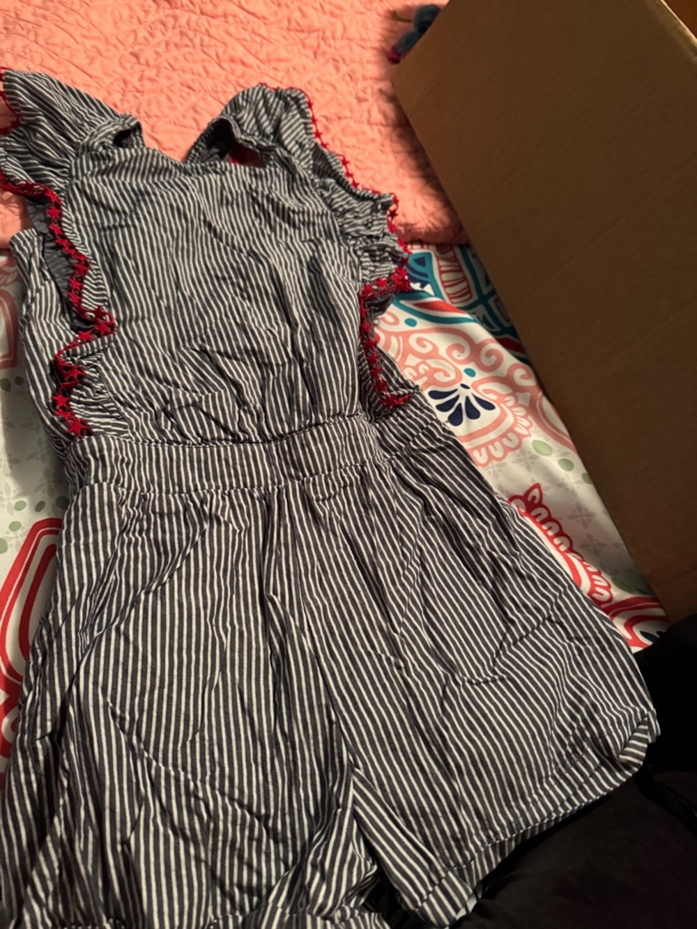 Cat & Jack Navy and White Striped Girls Romper with Red Trim